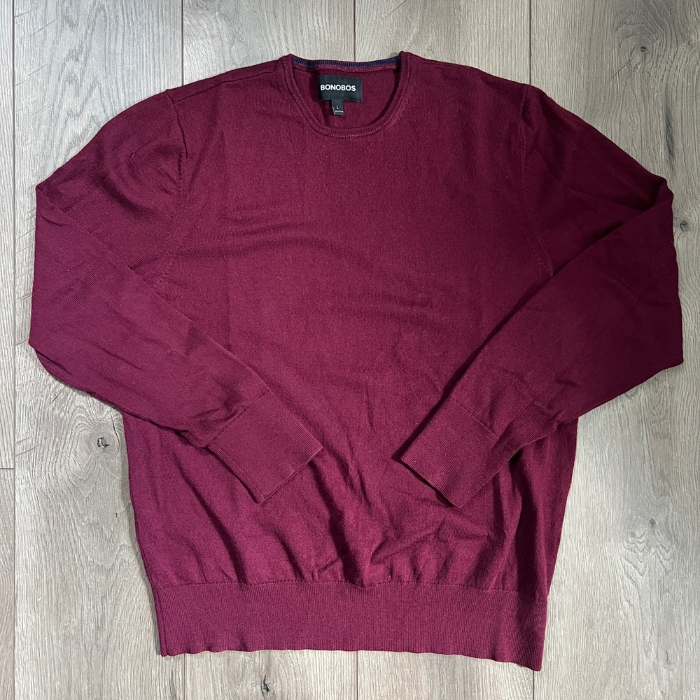 Bonobos Mens Large 100% Merino Wool Crewneck Sweater Maroon Burgundy